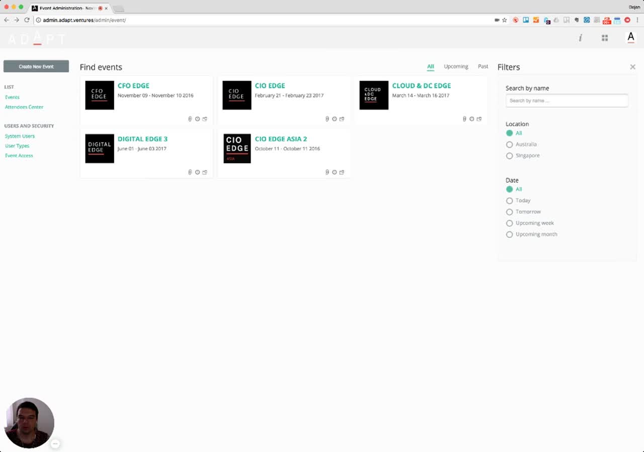 ExpoStudio main dashboard with event tiles and filter sidebar