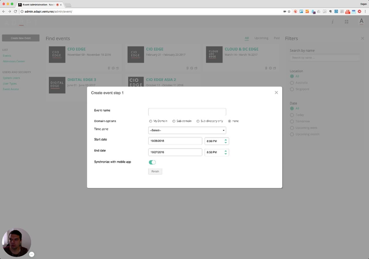 Create event step 1 modal with name, domain, time zone, dates and mobile sync