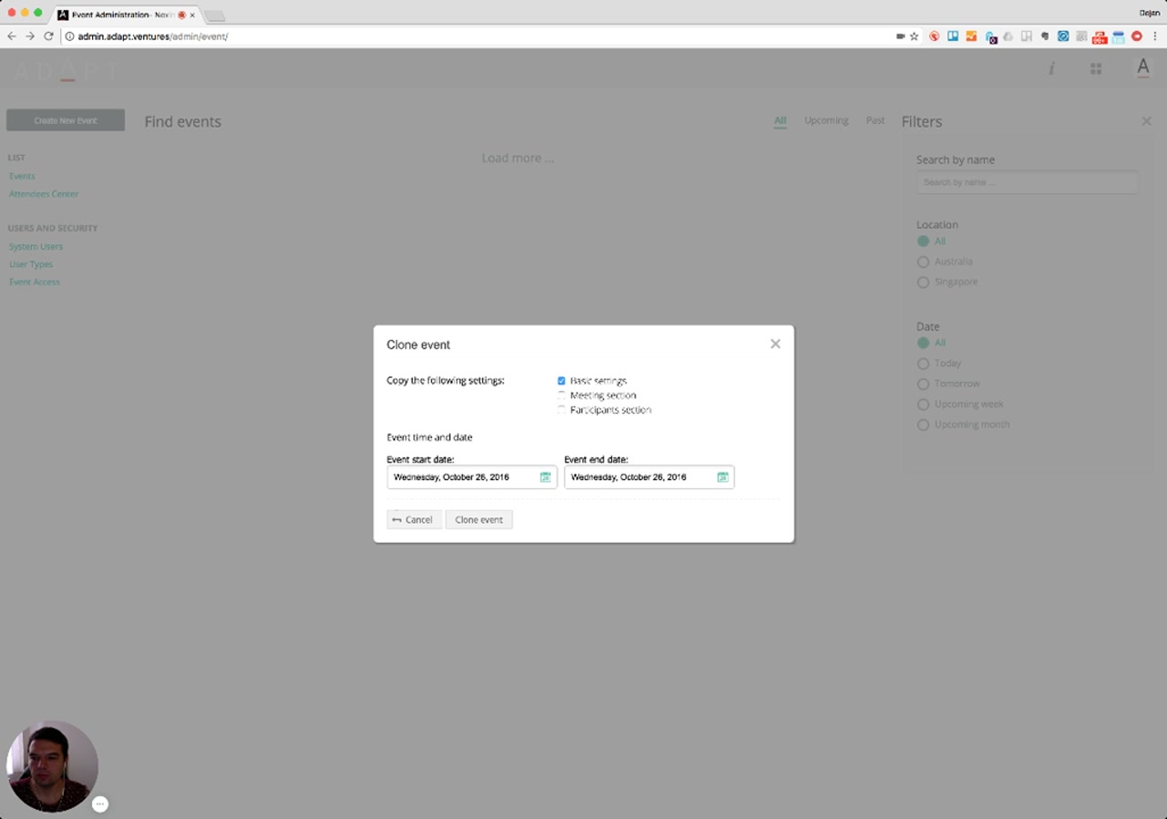 Clone event modal with selectable copy categories and new dates