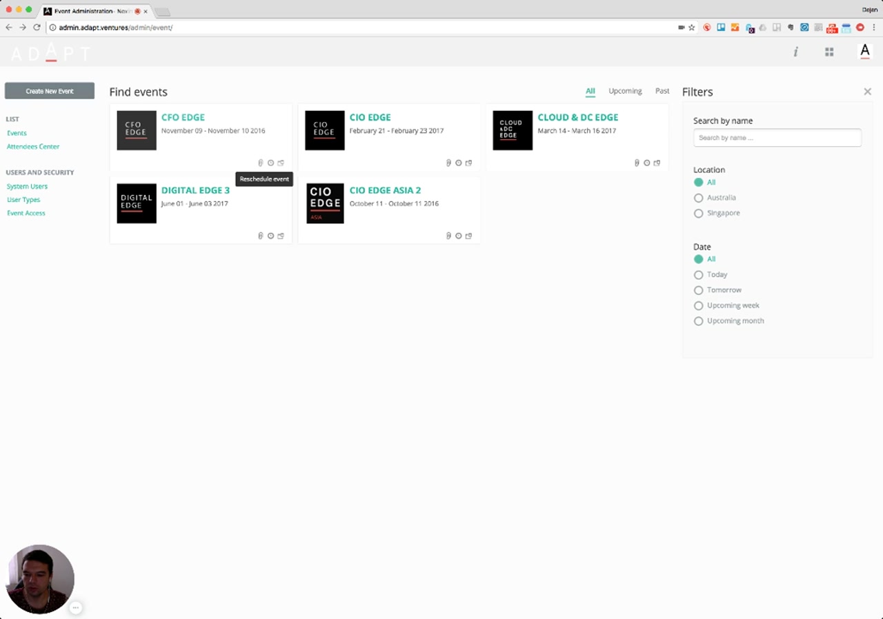 Reschedule event tooltip on hover over an event card icon