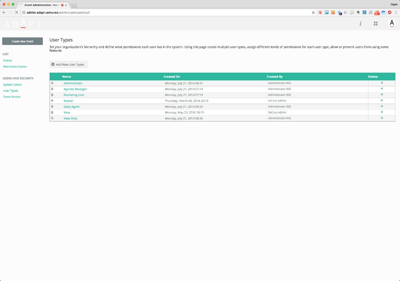 User Types list with seeded roles like Administrator, Agenda Manager, Marketing User, Master, Sales Agent, View, View Only