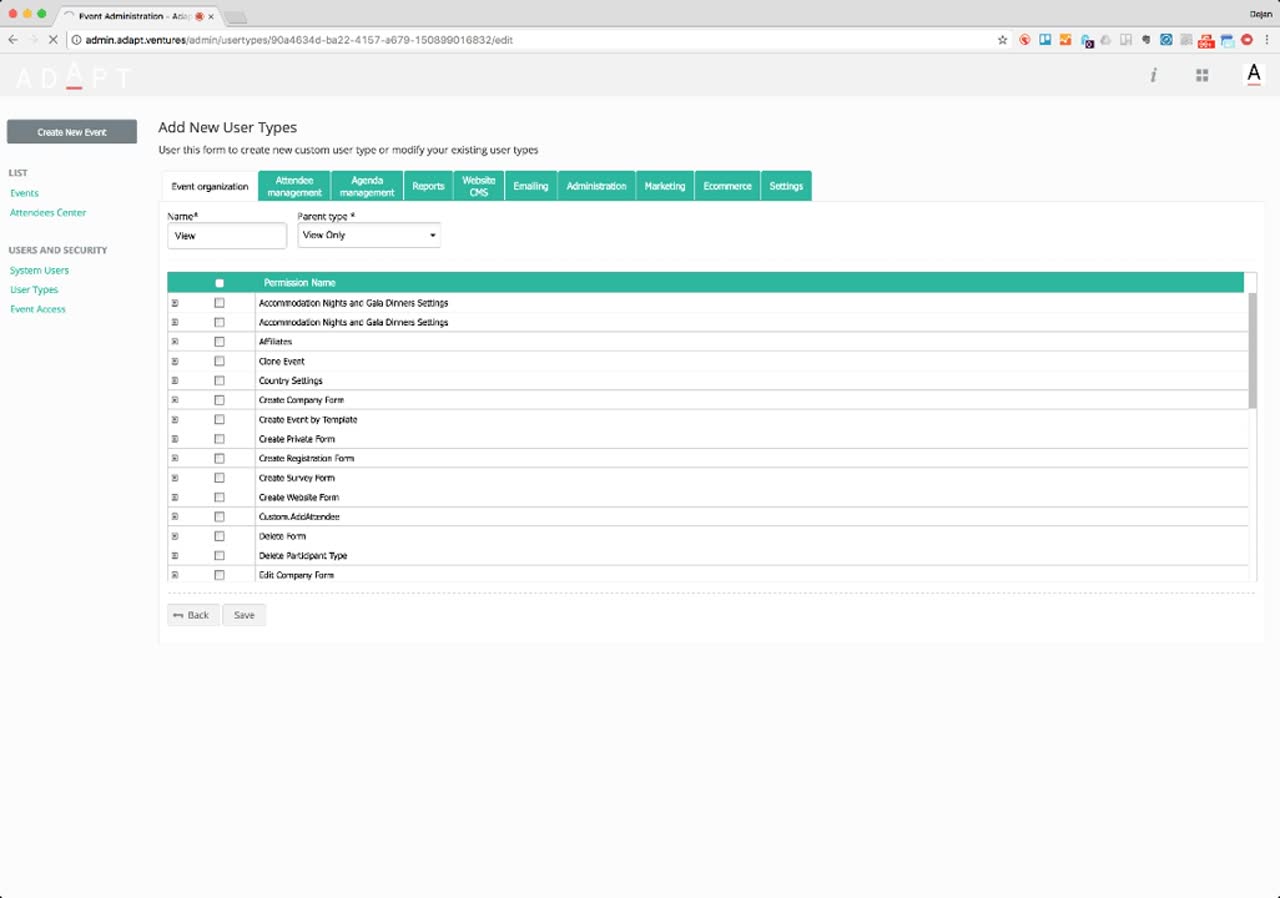 User type permission form, Event organization tab open with permission list