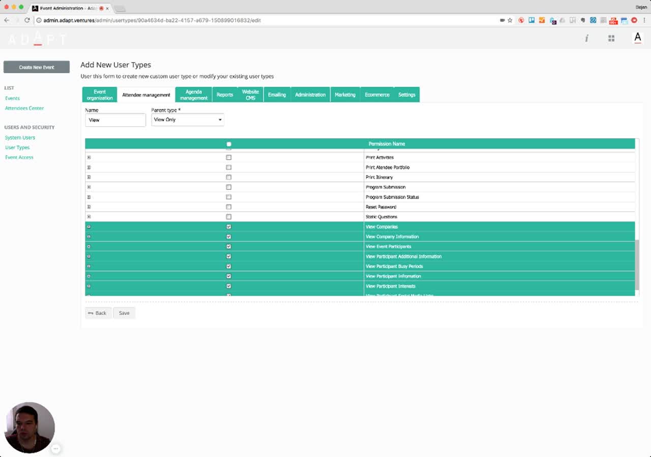 Attendee management tab with view permissions enabled (rows highlighted in green)