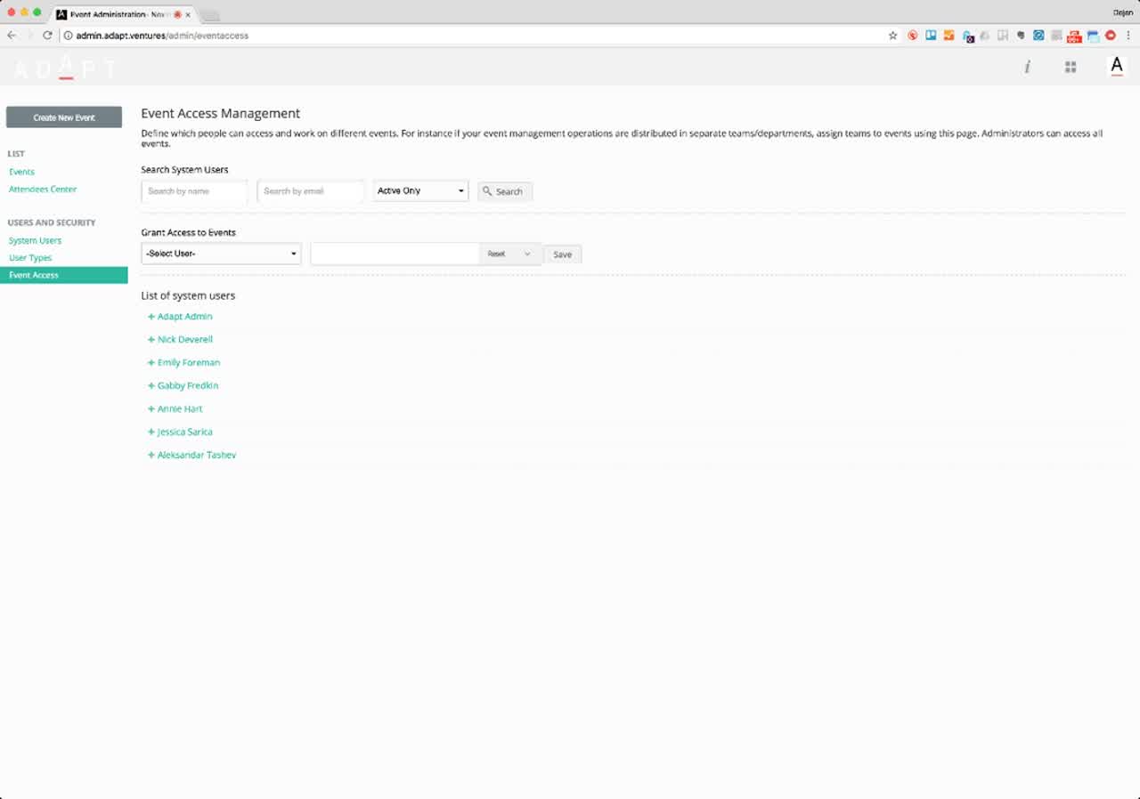 Event Access Management page showing user search, grant access form, and a list of system users