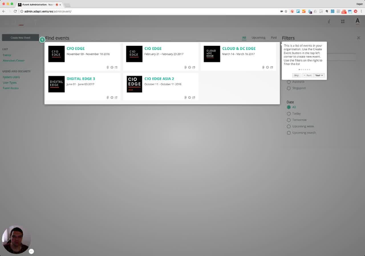 In-app tour step 1 explaining the events list