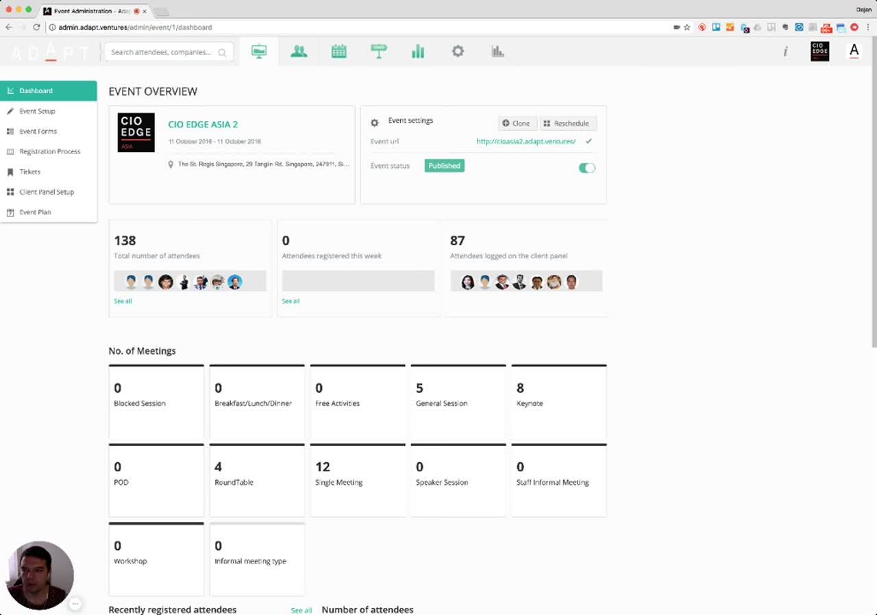 Inside-event dashboard for CIO EDGE ASIA 2 with event card, settings card, attendee KPIs and meeting counts