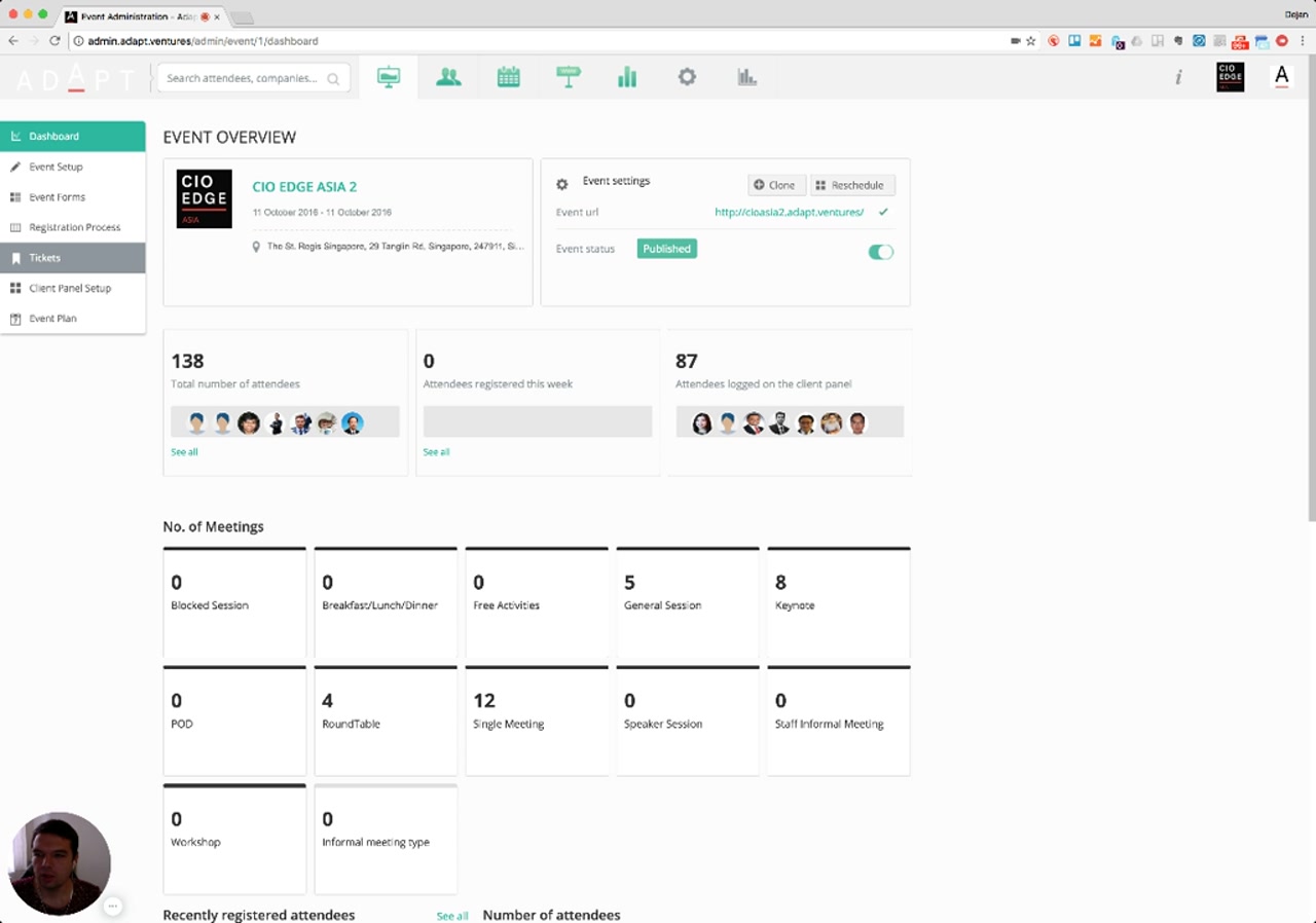 Same event dashboard with the left rail showing all sections and Tickets highlighted