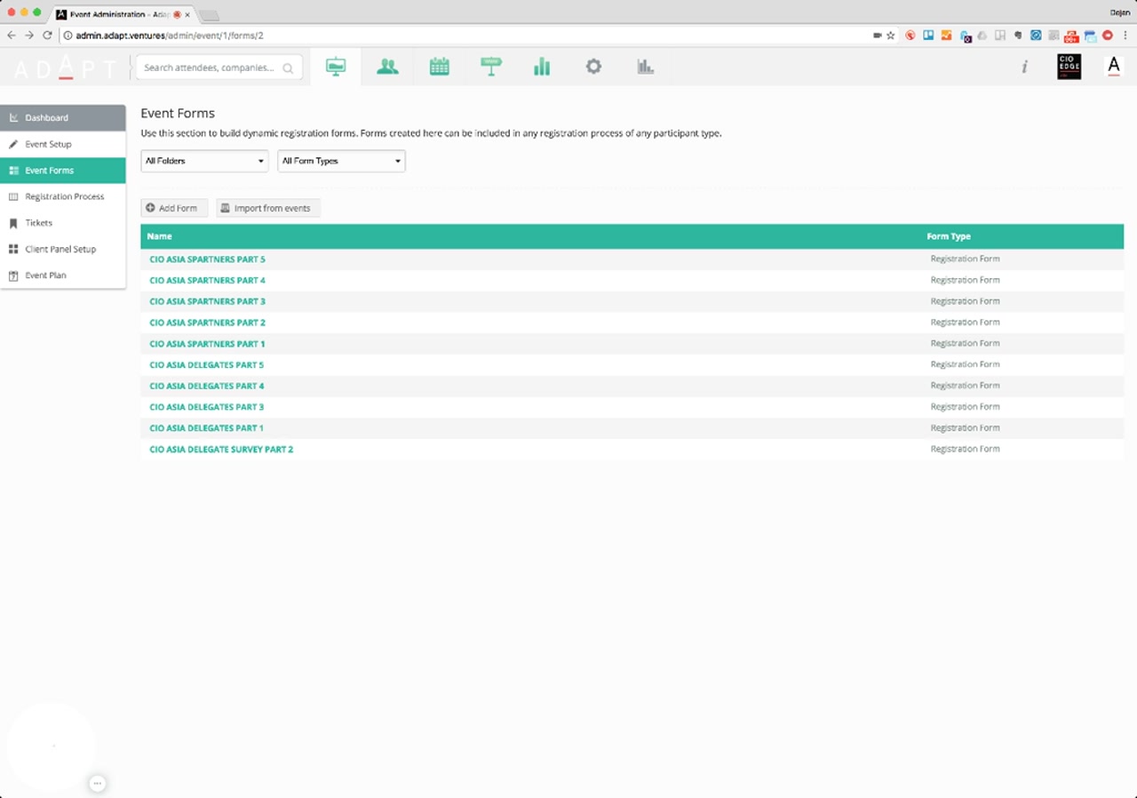 Event Forms list showing forms grouped by attendee type — Spartners and Delegates parts 1-5