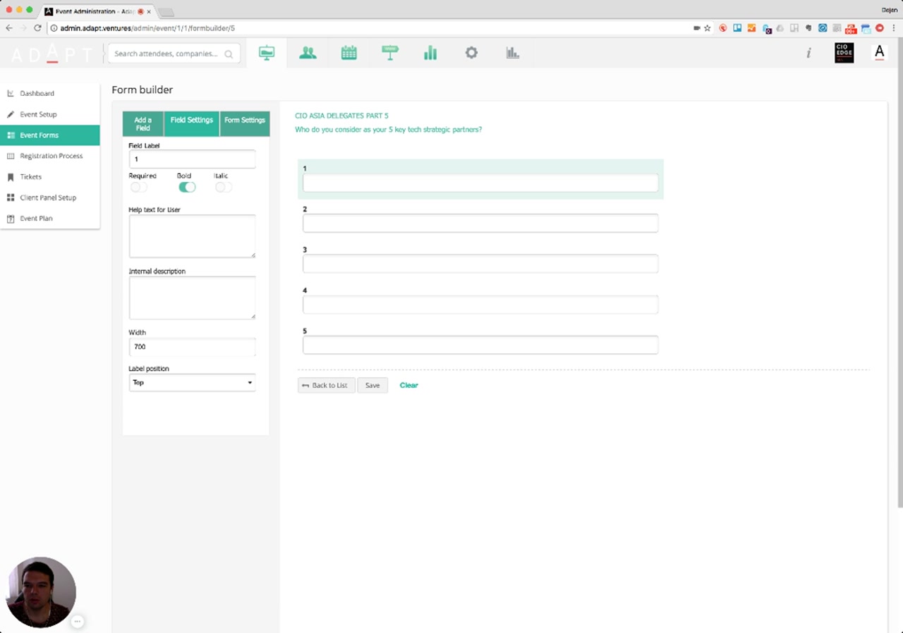 Form builder showing field settings panel with Required, Bold, Italic, Help text, Internal description, Width, Label position