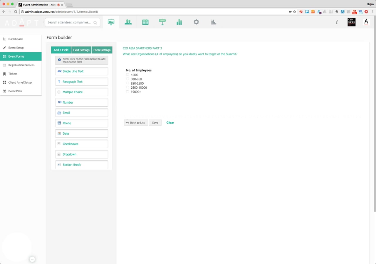 Form builder with a Multiple Choice question — No. of Employees with five buckets