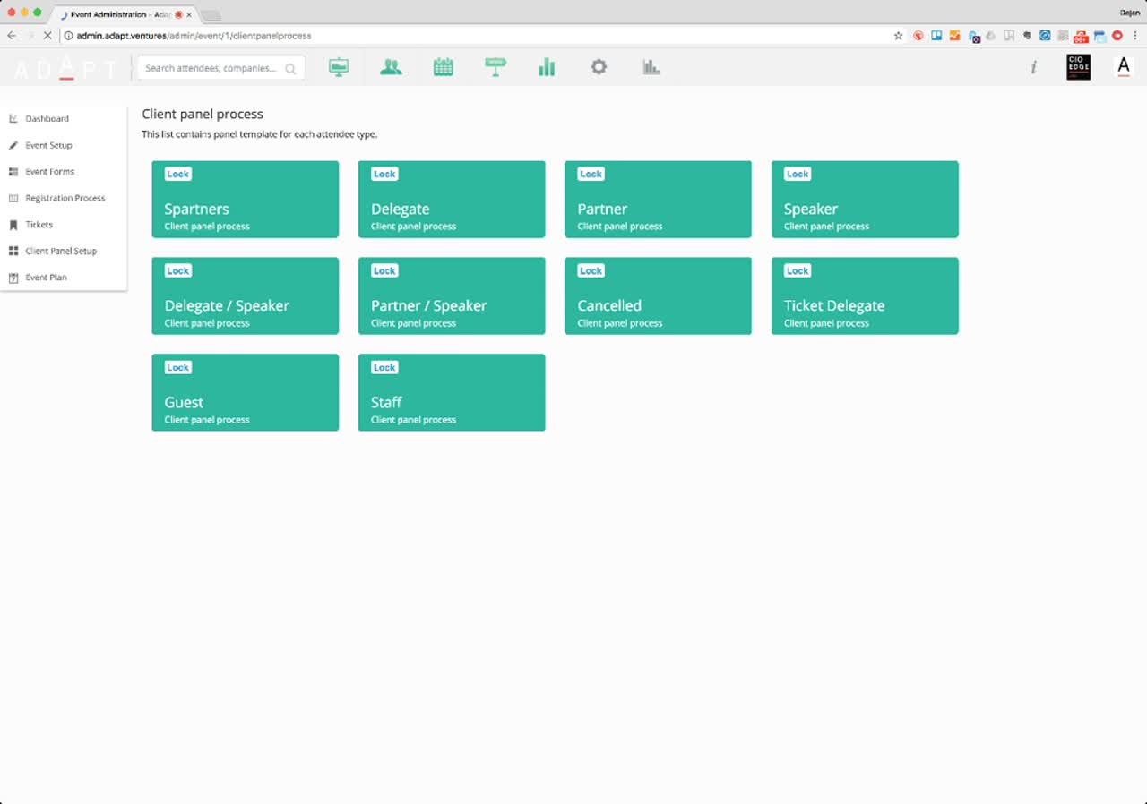 Client panel process list with templates per attendee type