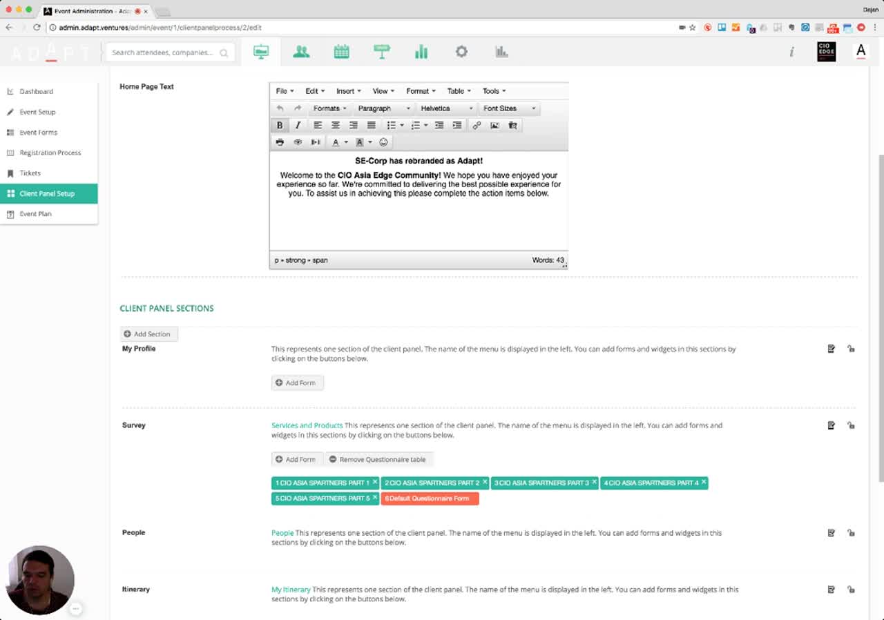 Client Panel Sections with the Survey section showing five attached forms in a specific order