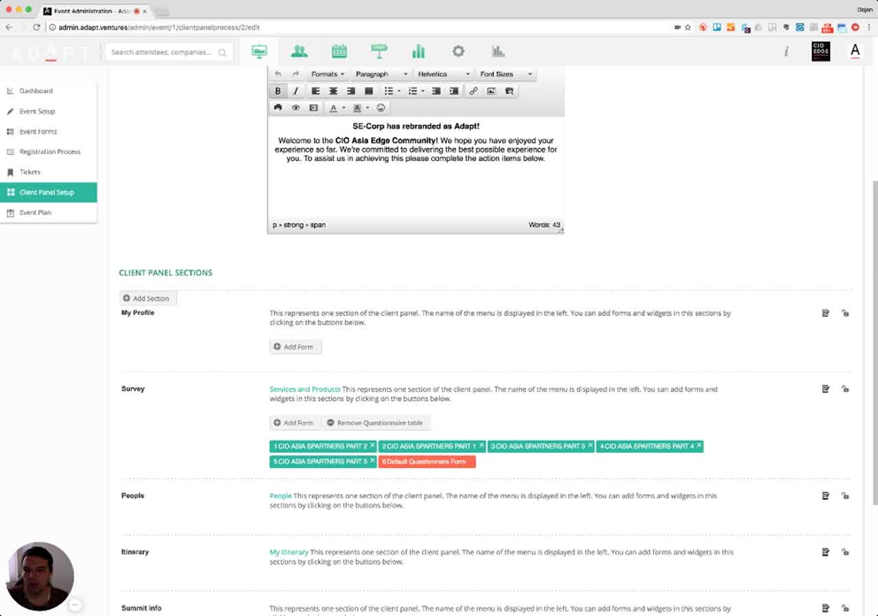 Same Client Panel Sections after a drag-and-drop reorder — PART 2 is now first and PART 1 is second
