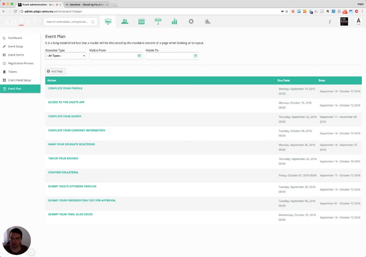 Event Plan list page with action items and due dates