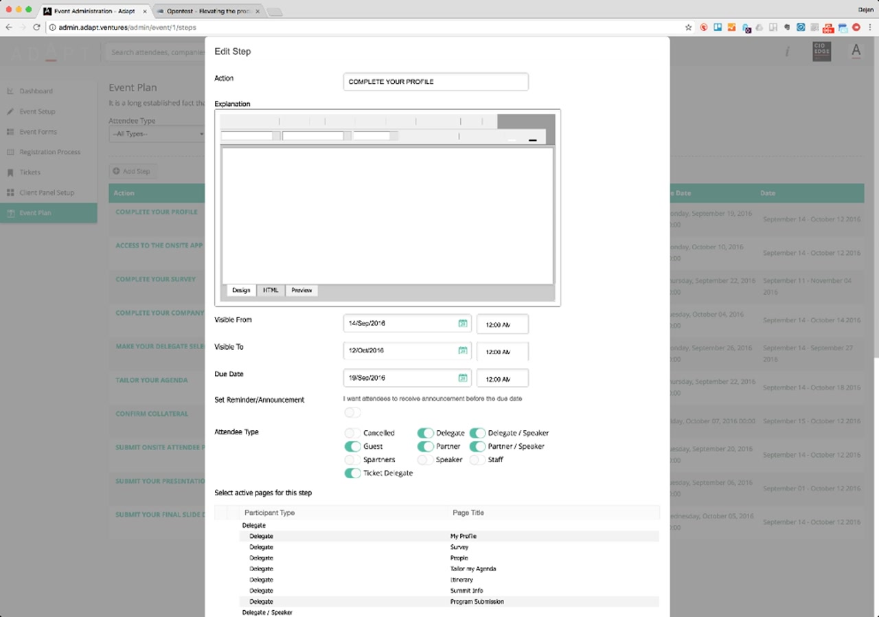 Edit Step modal for COMPLETE YOUR PROFILE with action label, explanation editor, dates, reminder toggle and attendee type toggles
