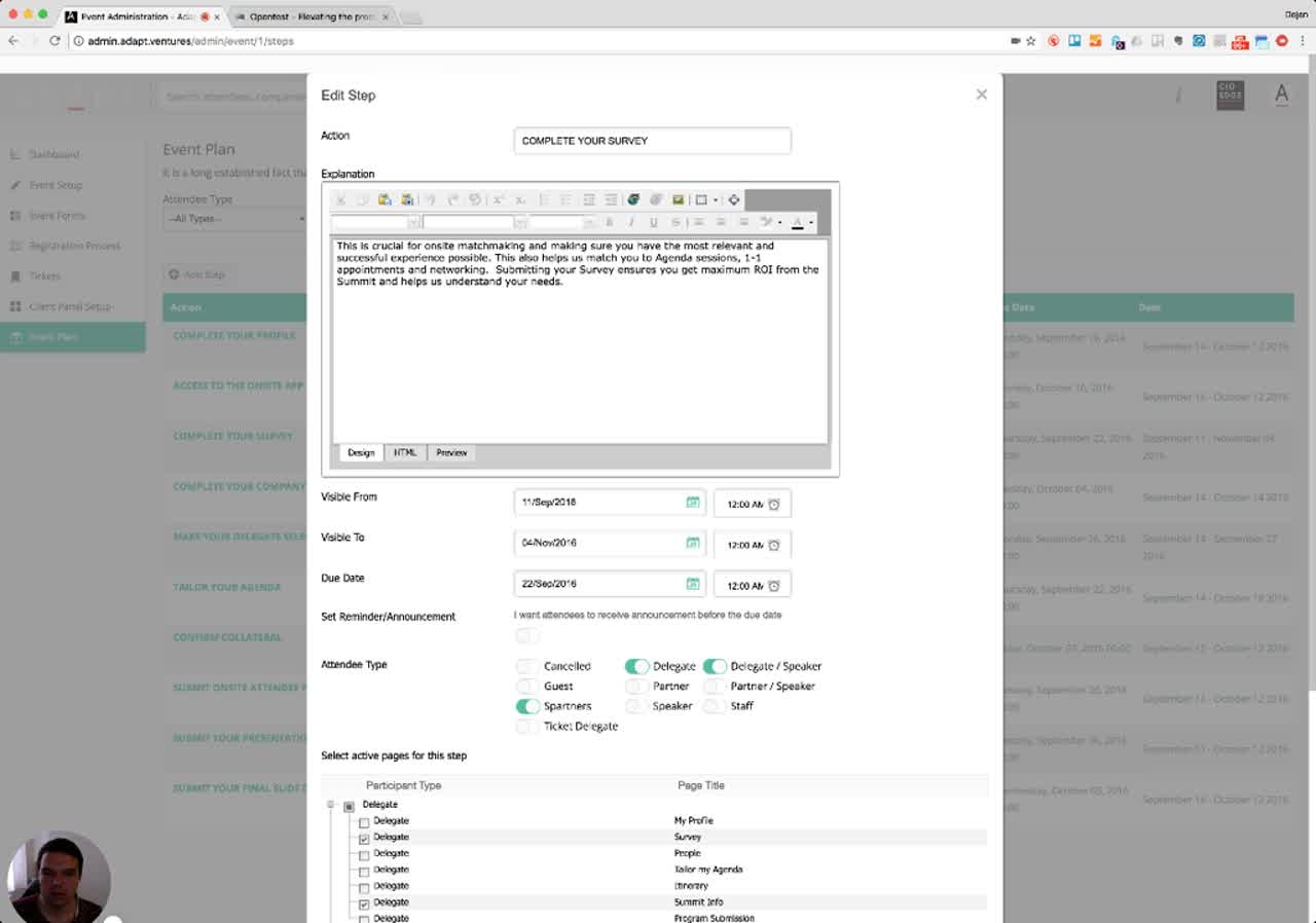 Edit Step modal for COMPLETE YOUR SURVEY with the Explanation field populated with copy about onsite matchmaking