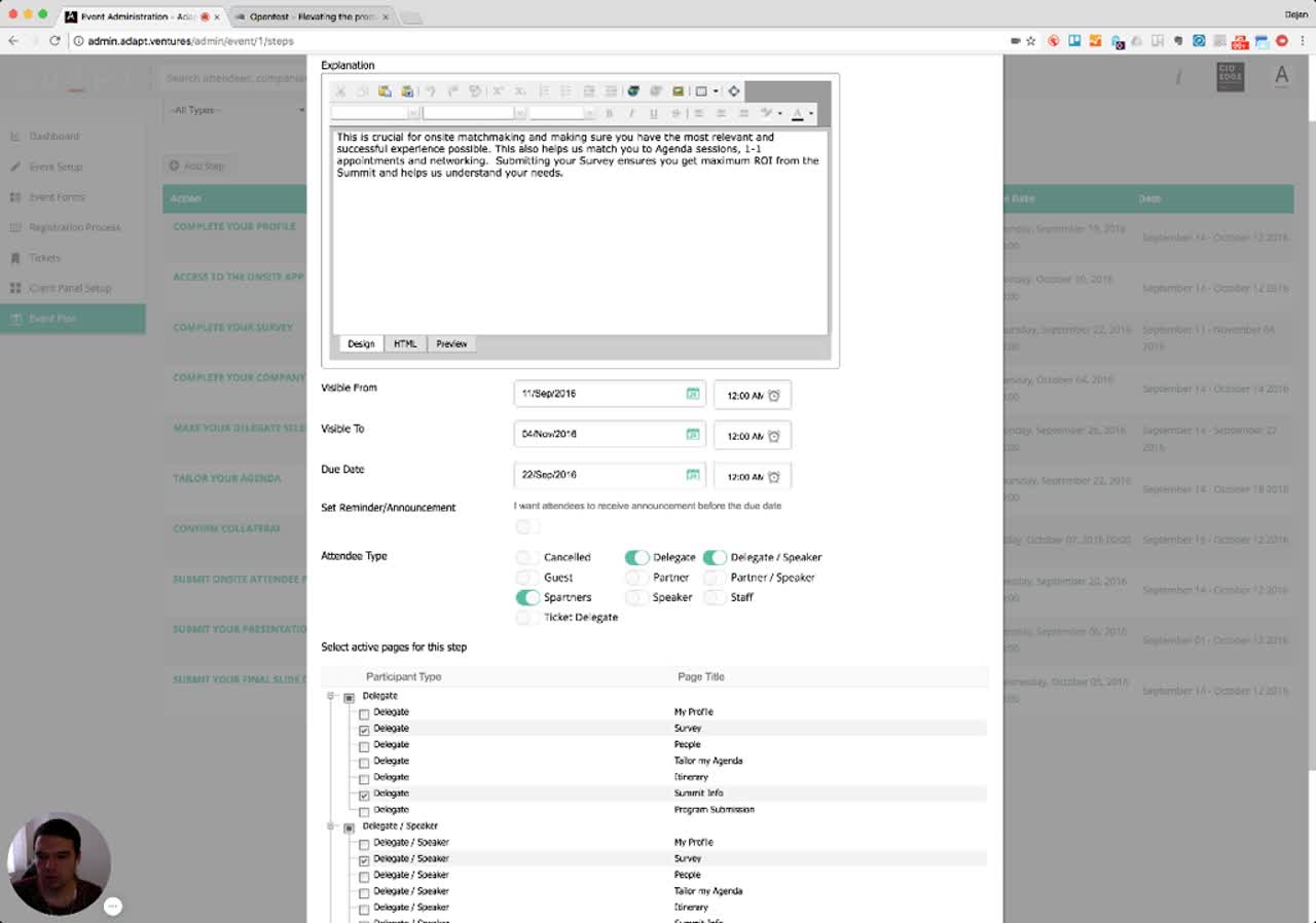 Scrolled view of Edit Step modal showing per-attendee-type page selection with different pages enabled per participant type