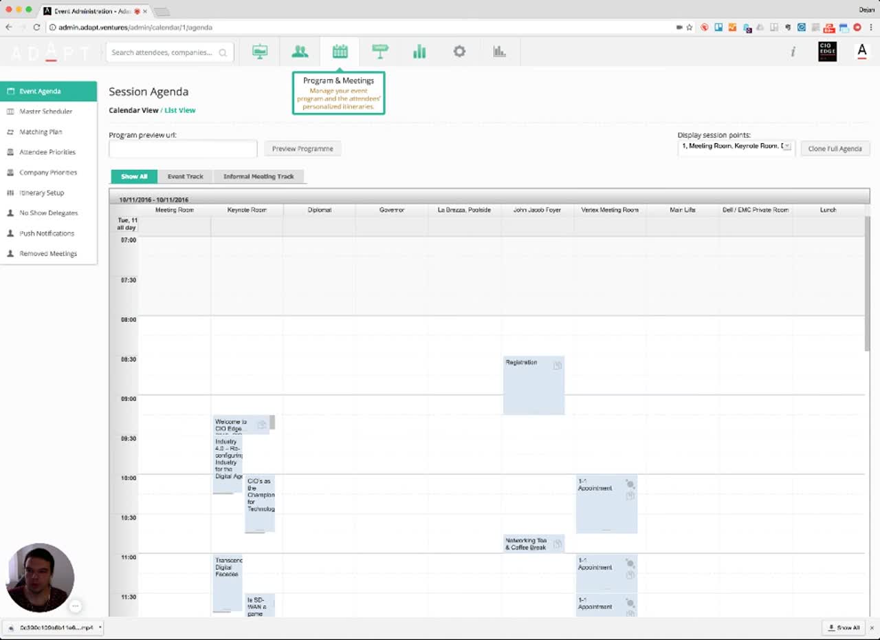 Session Agenda calendar view with rooms across columns and time slots down the rows