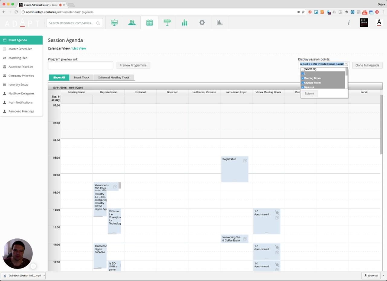 Display session points dropdown open showing room checkboxes for filtering
