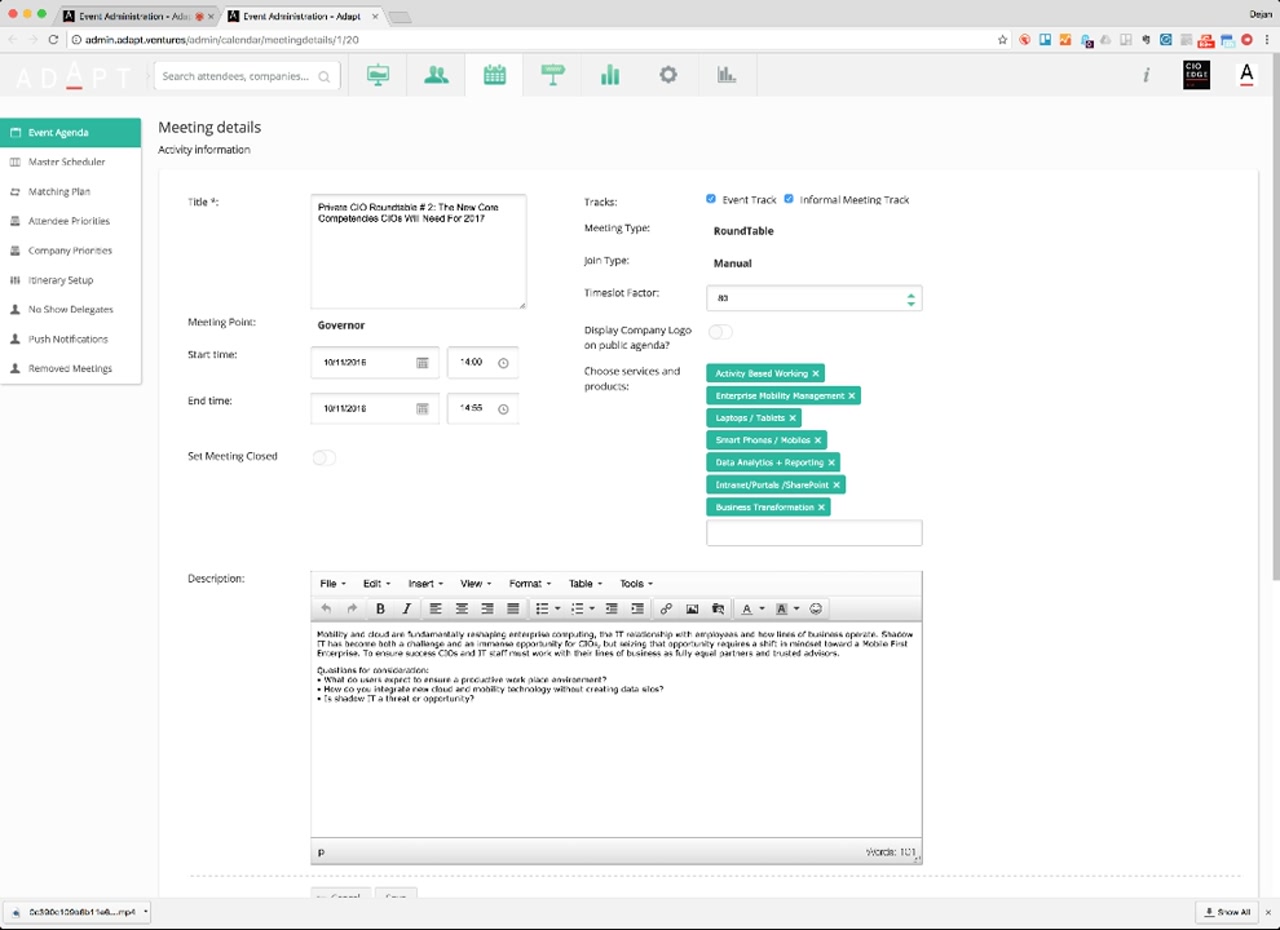 Meeting details editor for a roundtable session — title, tracks, type, join, timeslot factor, services and products tags, dates, times