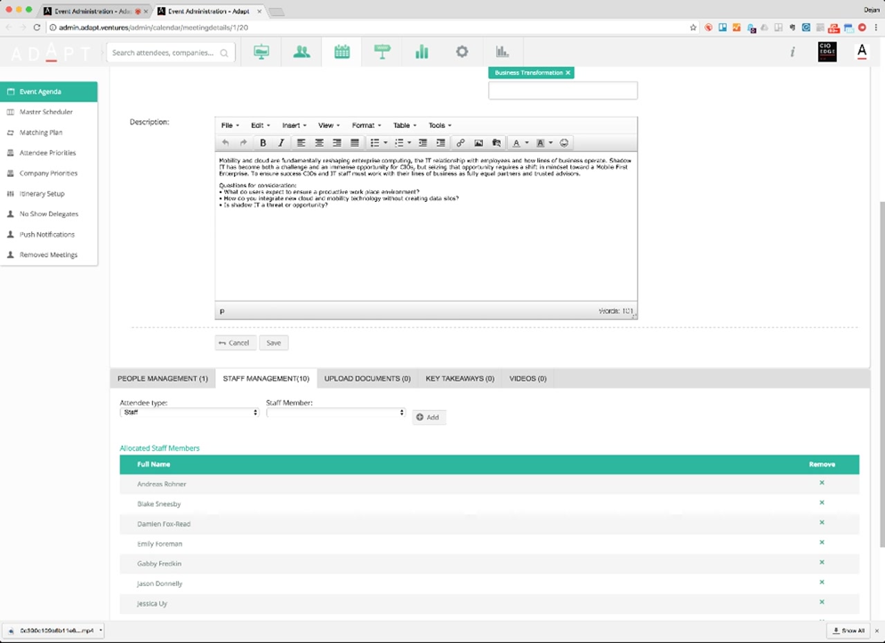 Lower half of meeting details with description editor and a tab strip — People Management, Staff Management, Upload Documents, Key Takeaways, Videos