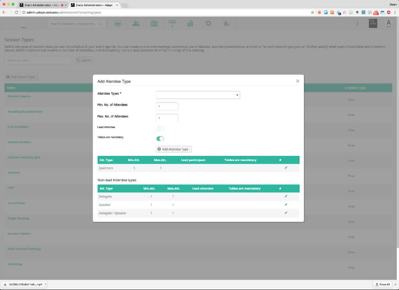 Add Attendee Type modal — Spartners as the lead participant, Delegate / Speaker / Delegate-Speaker as non-lead, Tables are mandatory toggle on