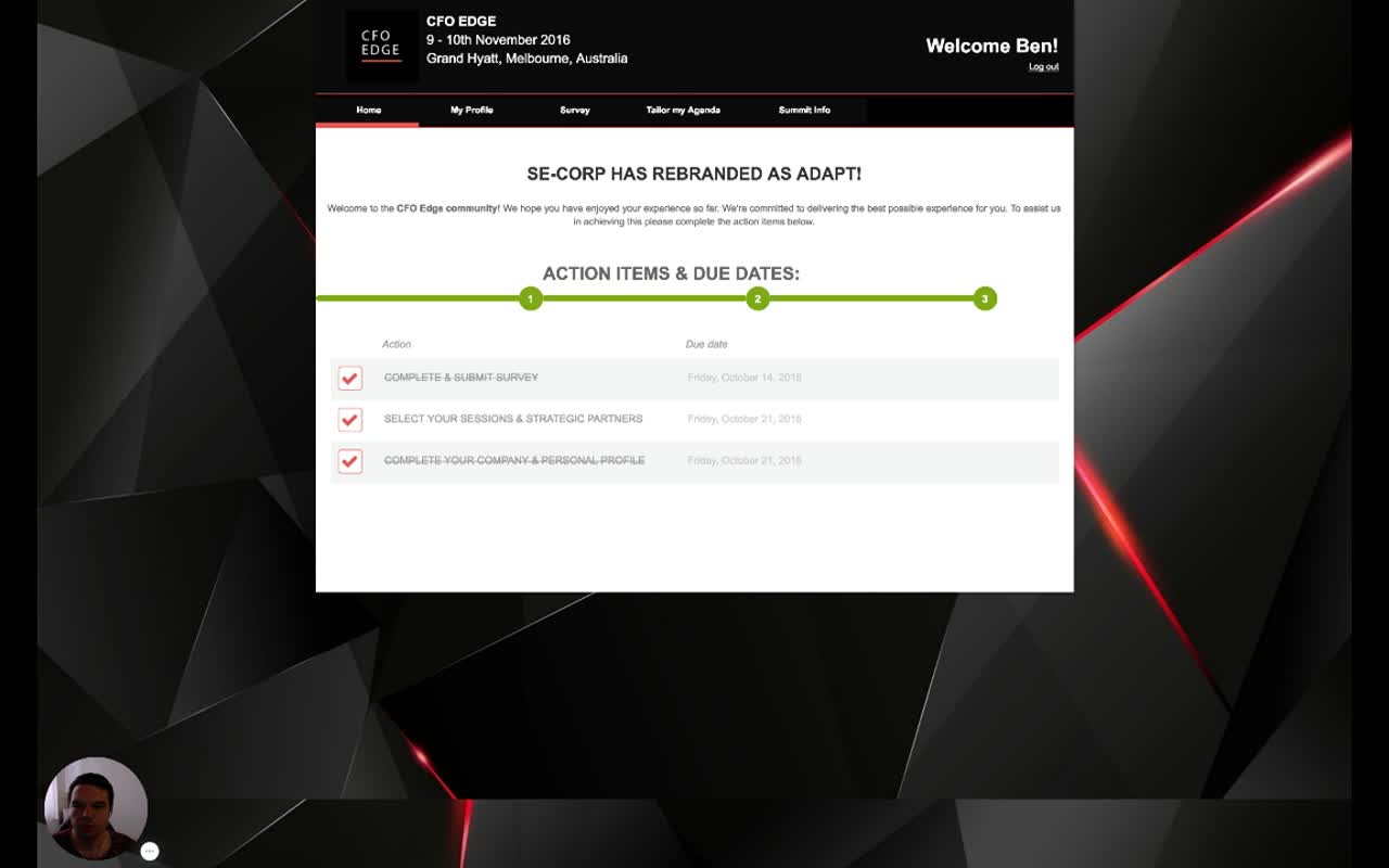 Delegate home page with event header, top nav, welcome copy and a 3-step Action Items & Due Dates checklist all marked done