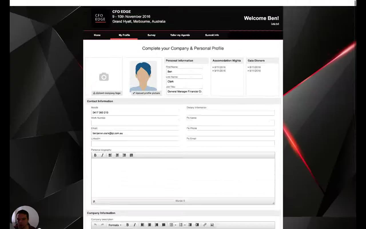 My Profile editor with company logo upload, profile picture, personal information, accommodation nights and gala dinners panels, contact information, personal biography