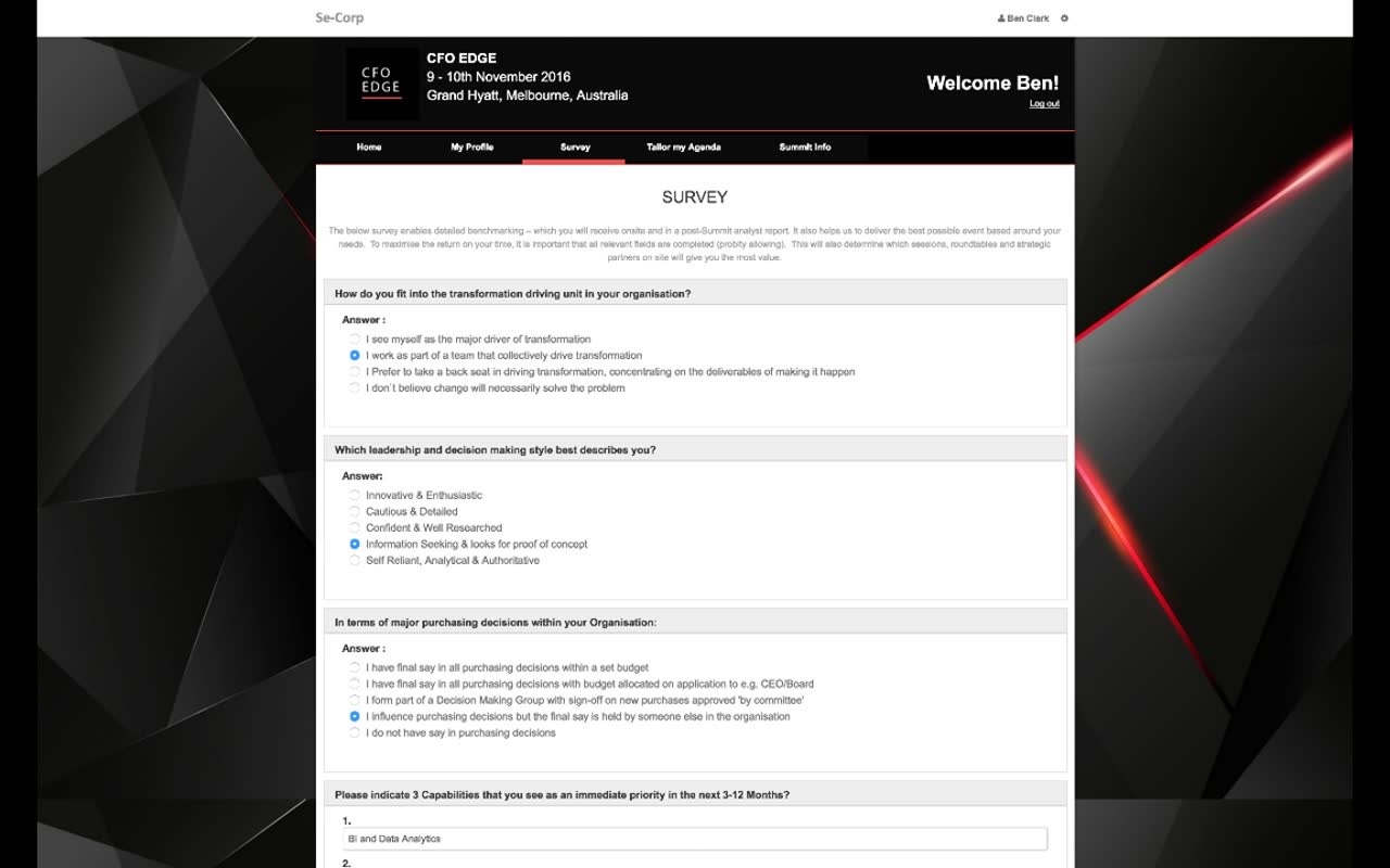 Delegate survey page with multi-section questions: transformation driving unit, leadership style, purchasing decisions, and 3 capabilities priority