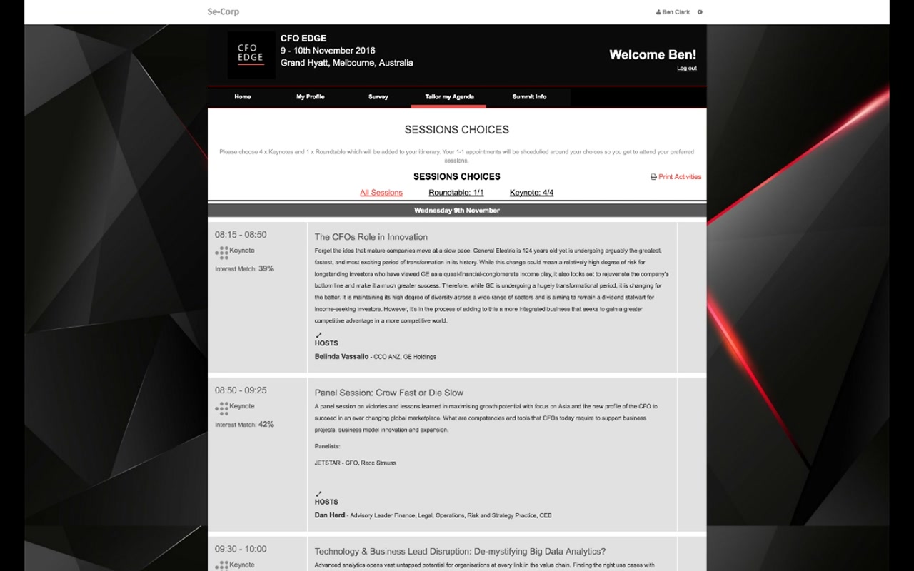 Tailor my Agenda — Sessions Choices with quotas (Roundtable 1/1, Keynote 4/4) and a list of sessions with interest match percentages