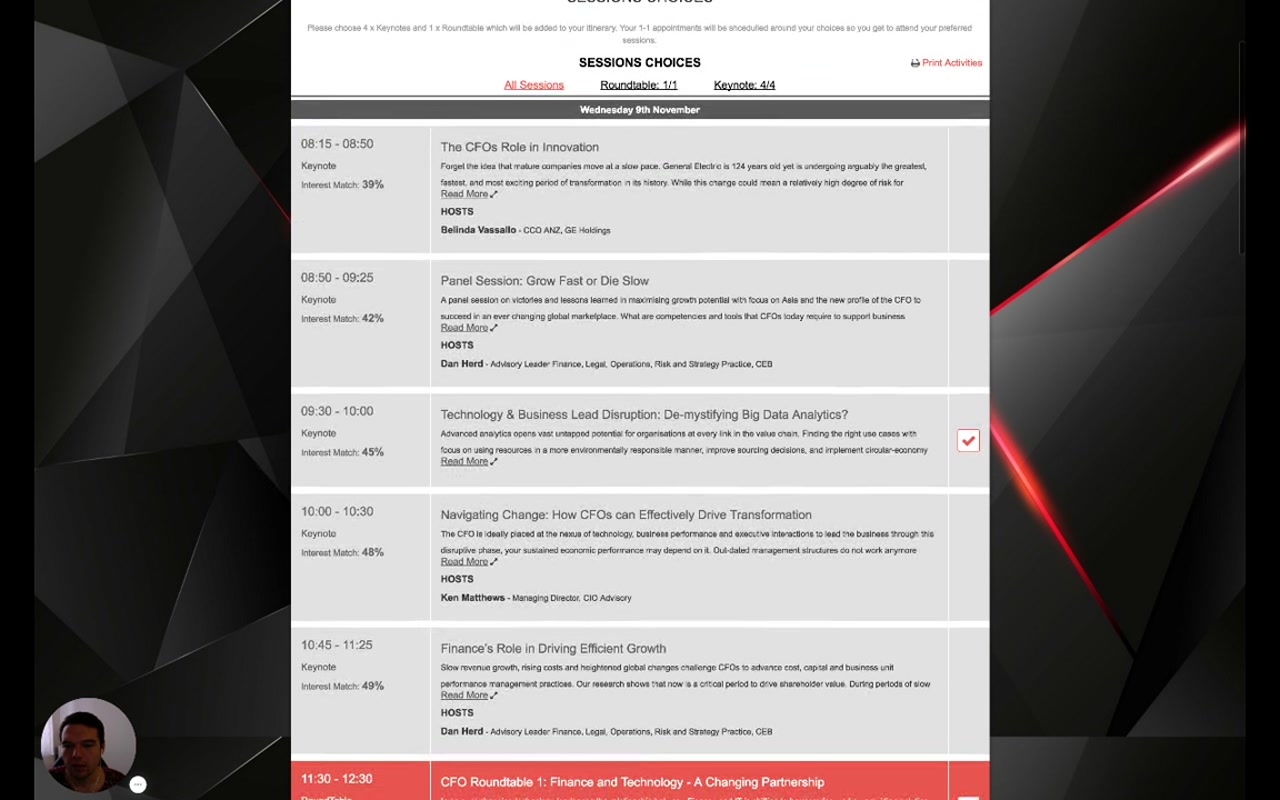 Session list with time, type, Interest Match percentage, title, description, hosts, and a tick for selected sessions