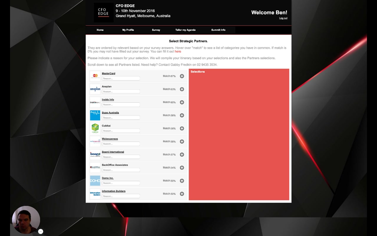 Select Strategic Partners — partner cards with logos, match percentages, reason text inputs, plus buttons; empty Selections panel on the right