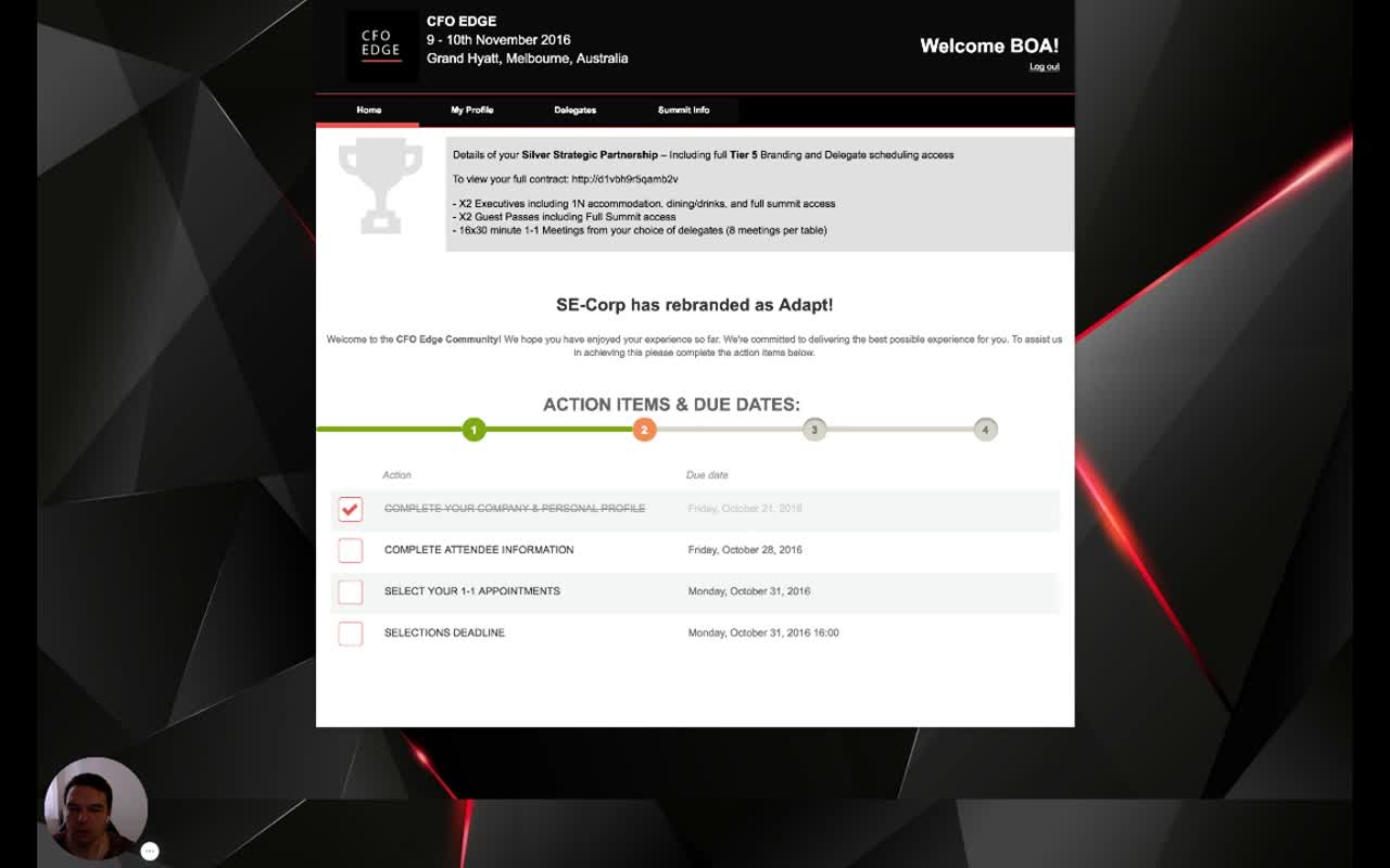 Sponsor home page with a package details panel at the top, then the welcome copy and a 4-step action-item checklist with progress markers