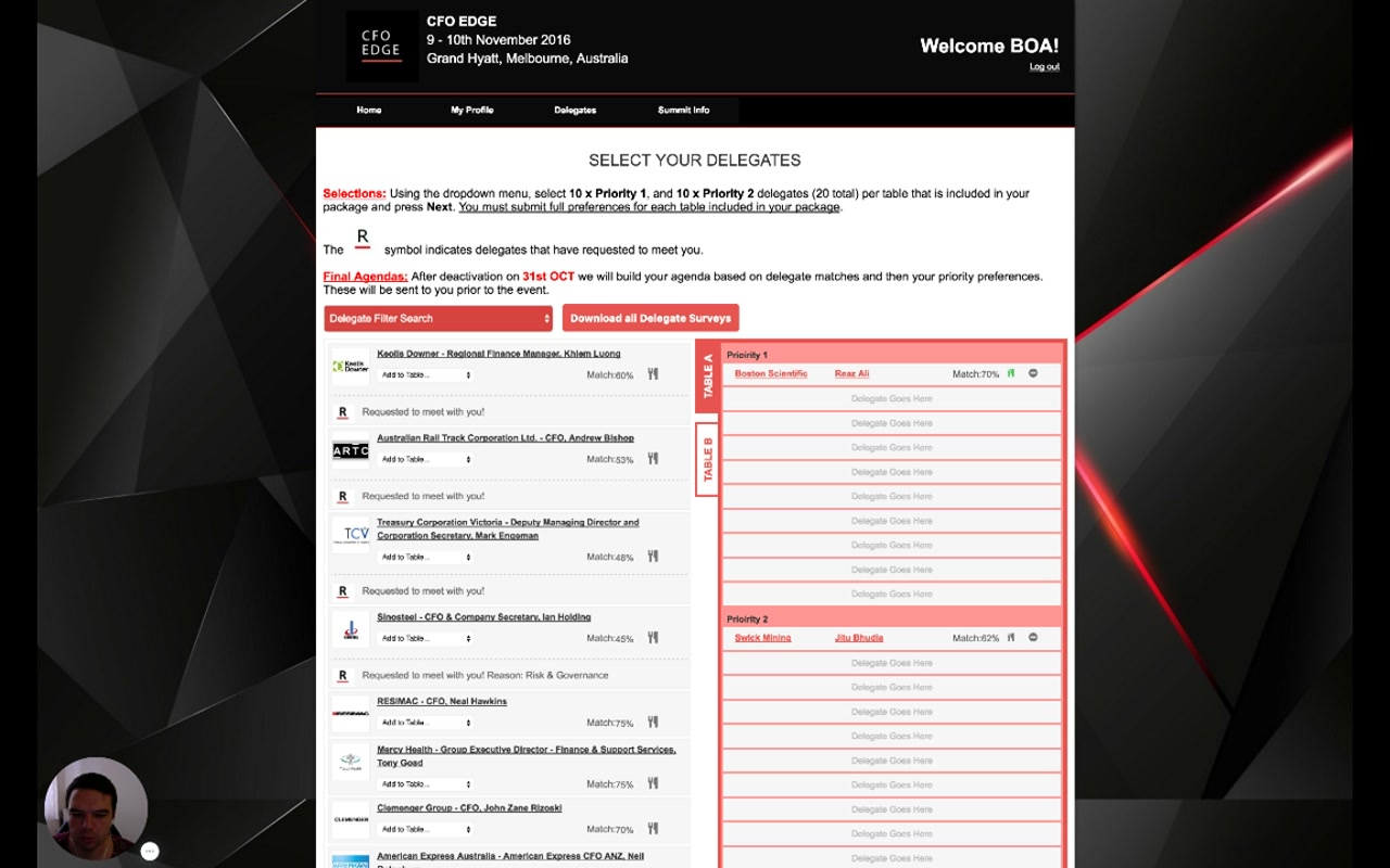 Select Your Delegates page with two delegates added to Priority 1 and Priority 2 slots and the rest of the table empty