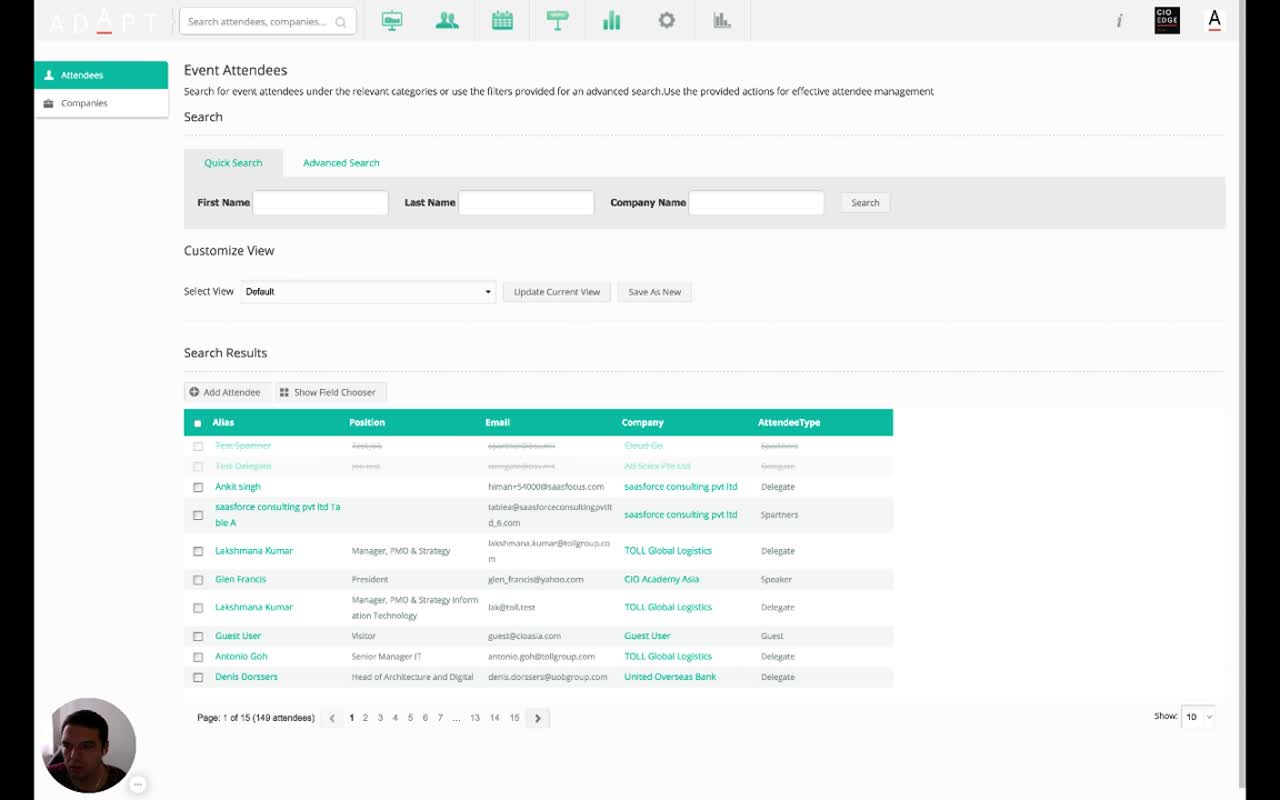 Event Attendees page with Quick Search panel, Customize View row, Search Results table with columns Alias, Position, Email, Company, AttendeeType
