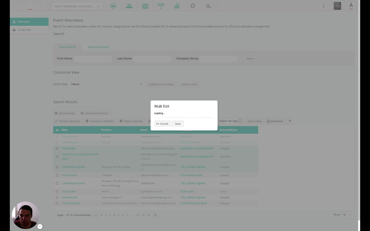 Search results with three rows ticked and a Multi Edit dialog open showing Cancel and Save buttons; action toolbar above includes Activate Attendee, Deactivate Attendee, Delete attendee, Export File Type, Export data, Download
