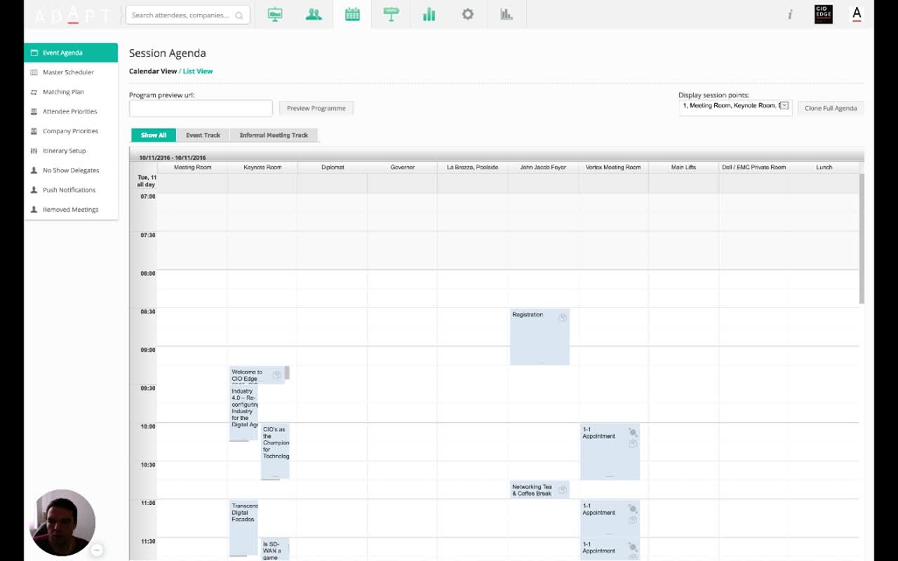 Session Agenda calendar with the agenda left rail visible — Event Agenda highlighted, with Master Scheduler, Matching Plan, Attendee Priorities, Company Priorities, Itinerary Setup, No Show Delegates, Push Notifications, Removed Meetings underneath