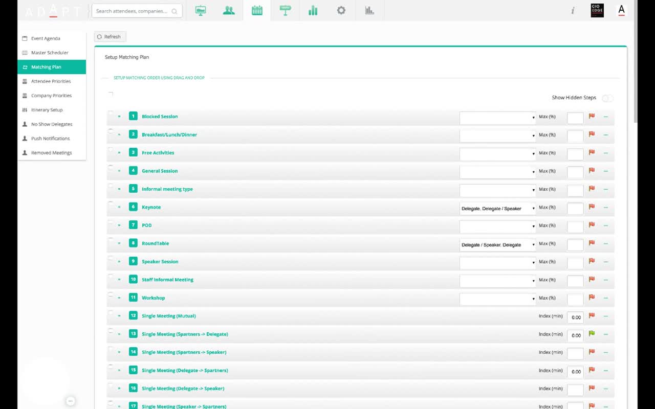 Setup Matching Plan page with a numbered drag-and-drop list of session types — Blocked Session, Breakfast/Lunch/Dinner, Free Activities, General Session, Informal meeting type, Keynote (with 'Delegate, Delegate / Speaker' attendee types), POD, RoundTable (with 'Delegate / Speaker, Delegate'), Speaker Session, Staff Informal Meeting, Workshop, then a series of Single Meeting variants (Mutual, Spartners→Delegate, Spartners→Speaker, Delegate→Spartners, Delegate→Speaker, etc.)