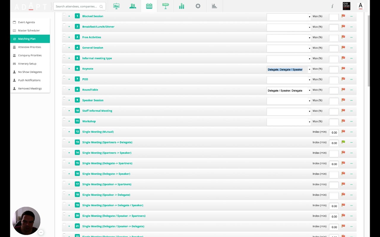 Matching Plan list scrolled to show all 11 pre-scheduled types and many directed Single Meeting variants with Index (min) inputs
