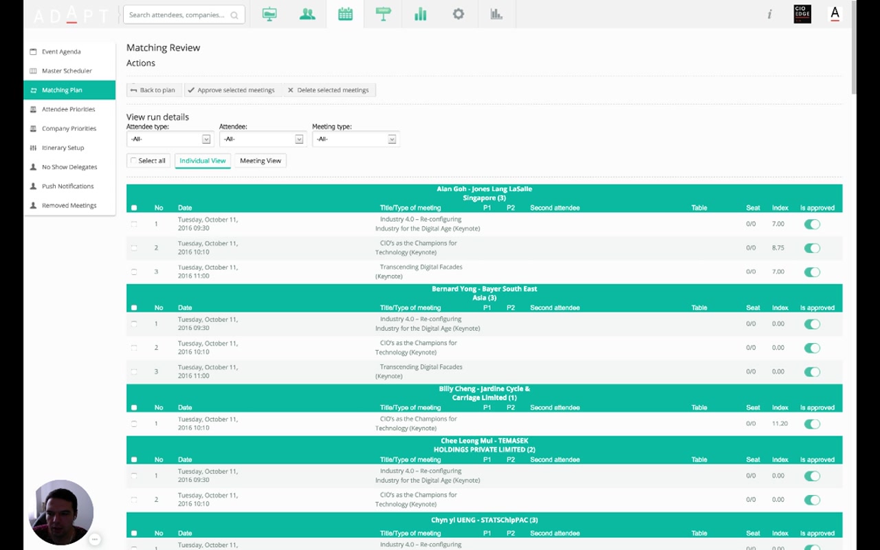 Matching Review page with three filters (Attendee type, Attendee, Meeting type), Individual View / Meeting View tabs, and per-attendee group rows listing scheduled sessions with date, title/type, P1/P2 columns, second attendee, table, seat, index, Is approved toggle