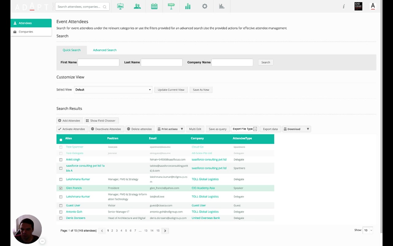 Event Attendees page with Quick Search and bulk-action toolbar including Activate Attendee, Deactivate Attendee, Delete attendee, Print actions dropdown, Multi Edit, Save as query, Export File Type, Export data, Download — one attendee row ticked