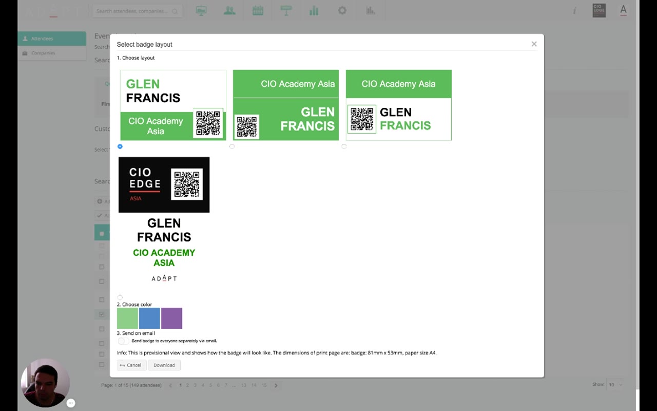 Select badge layout modal showing four badge design options (three green variants and one black/white) with QR code, name, company, then a Choose color row with green/blue/purple swatches, a Send badge to everyone separately via email toggle, info text about dimensions (badge: 81mm x 53mm, paper size A4), and Cancel / Download buttons