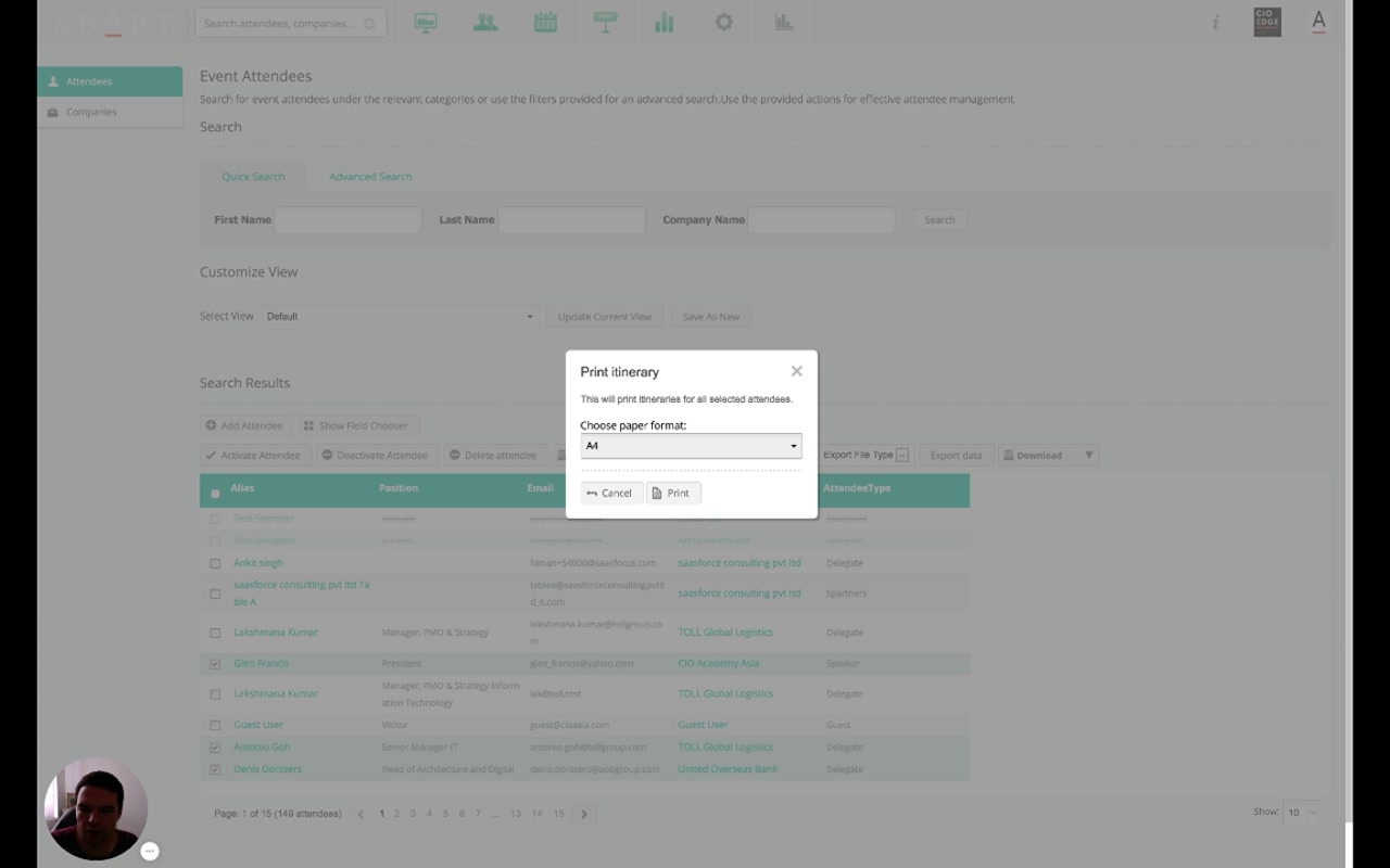 Print itinerary dialog with subtitle 'This will print itineraries for all selected attendees', a Choose paper format dropdown set to A4, and Cancel / Print buttons; underneath, three attendees are ticked in the search results