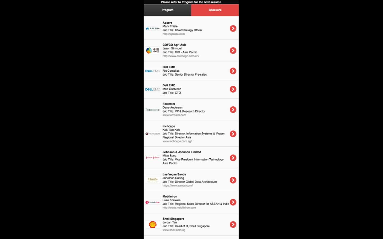Mobile Speakers tab showing speaker rows: Apcera - Mark Thiele (Chief Strategy Officer), COFCO Agri Asia - Jason Strimpel (CIO Asia Pacific), Dell EMC - Ric Centellas (Senior Director Pre-sales), Dell EMC - Matt Oostveen (CTO), Forrester - Dane Anderson (VP & Research Director), Inchcape - Kok Tian Koh, Johnson & Johnson - Miao Song, Las Vegas Sands - Jonathan Catling, MobileIron - Luke Knowles, Shell Singapore - Jordan Tan, each with company logo and website