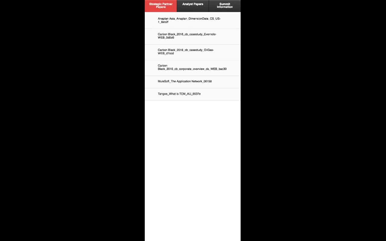 Mobile Research & Papers screen with three tabs: Strategic Partner Papers (active), Analyst Papers, Summit Information; below the tabs a list of PDF filenames including Anaplan Asia, two Carbon Black case studies (Evernote and Oil/Gas), Carbon Black corporate overview, MuleSoft The Application Network, Tangoe What is TEM AU