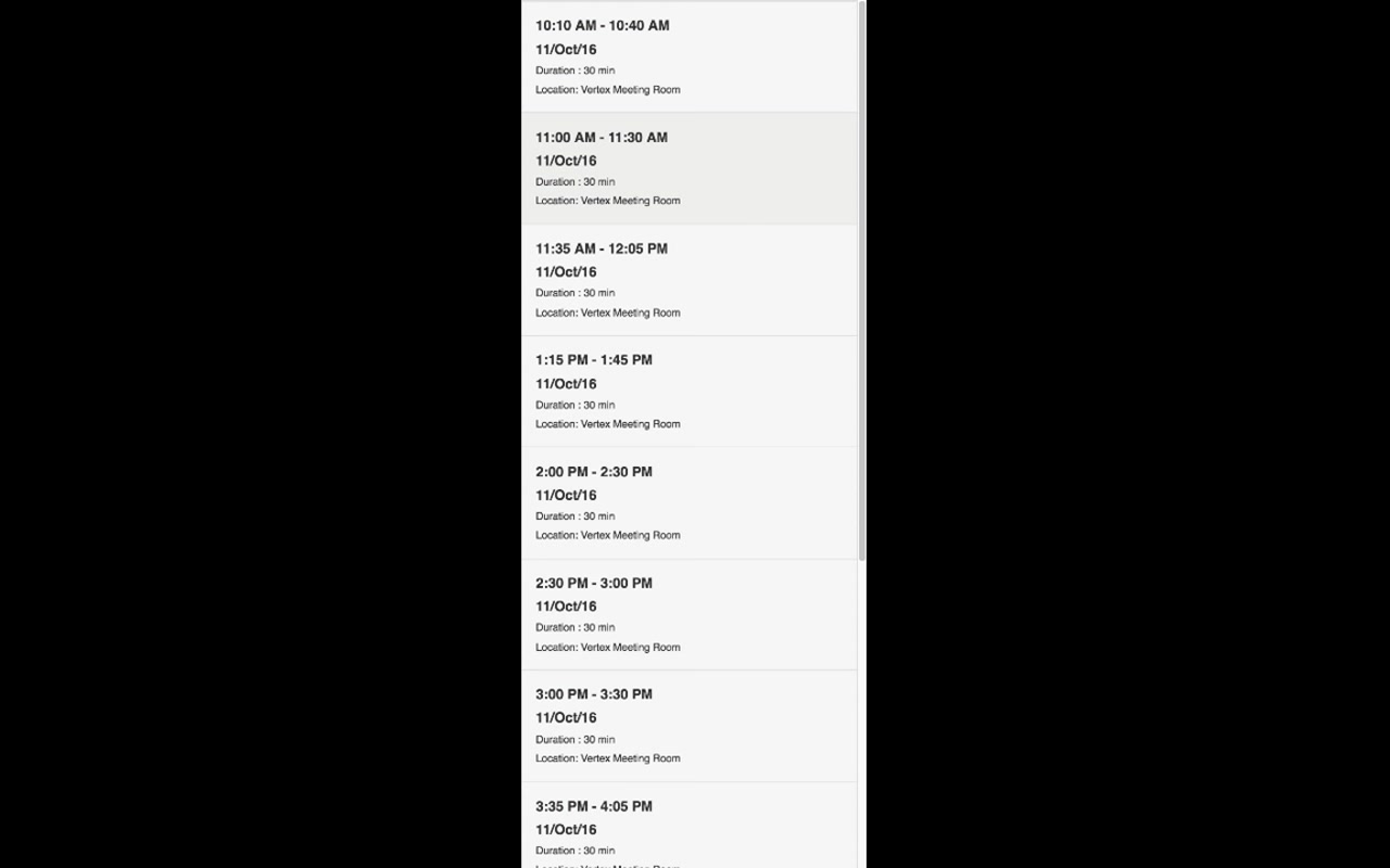 Mobile list of 30-minute meeting slots: 10:10-10:40, 11:00-11:30, 11:35-12:05, 1:15-1:45, 2:00-2:30, 2:30-3:00, 3:00-3:30, 3:35-4:05 — all on 11/Oct/16 at Vertex Meeting Room, Duration 30 min