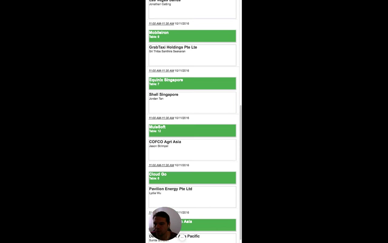 Mobile 1-to-1 meeting list grouped by 11:00-11:30 AM 10/11/2016 slots — three pairings visible: MobileIron Table 9 with GrabTaxi Holdings Pte Ltd (Sri Thiba Santhira Seakaran), Equinix Singapore Table 7 with Shell Singapore (Jordan Tan), MuleSoft Table 12 with COFCO Agri Asia (Jason Strimpel), Cloud Go Table 6 with Pavilion Energy Pte Ltd (Lydia Wu)