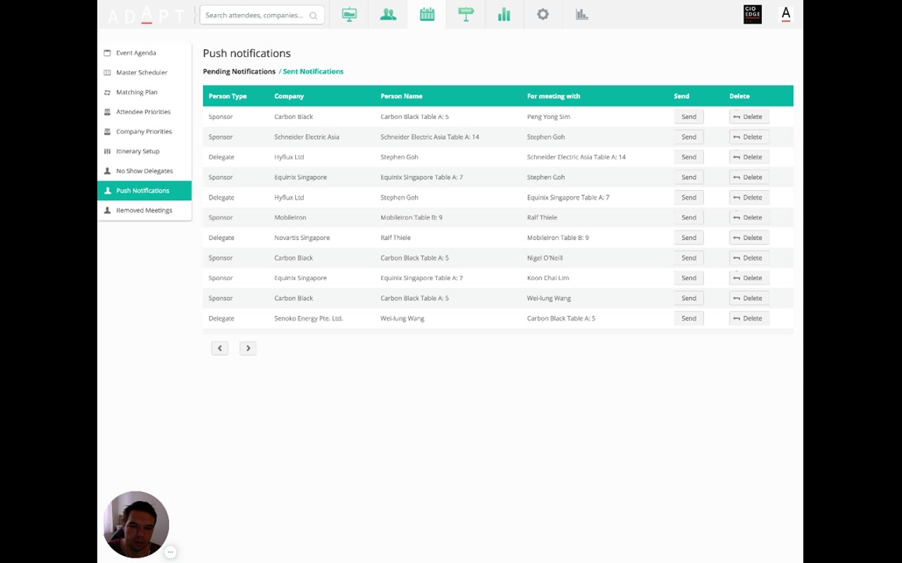 Push notifications page with two top tabs (Pending Notifications selected / Sent Notifications); table with columns Person Type, Company, Person Name, For meeting with, Send (button per row), Delete (button per row); rows showing pending meeting notifications between Sponsors and Delegates